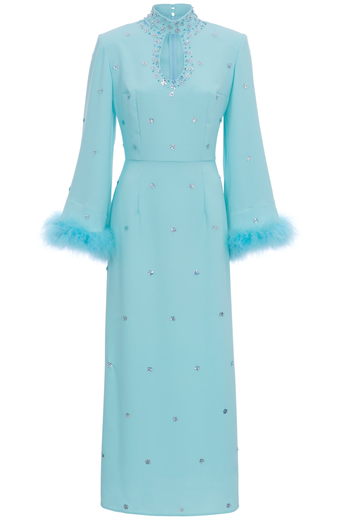 Liz Pastel Aquamarine Feather-Trimmed Crystal-Embellished Crepe Gown ...